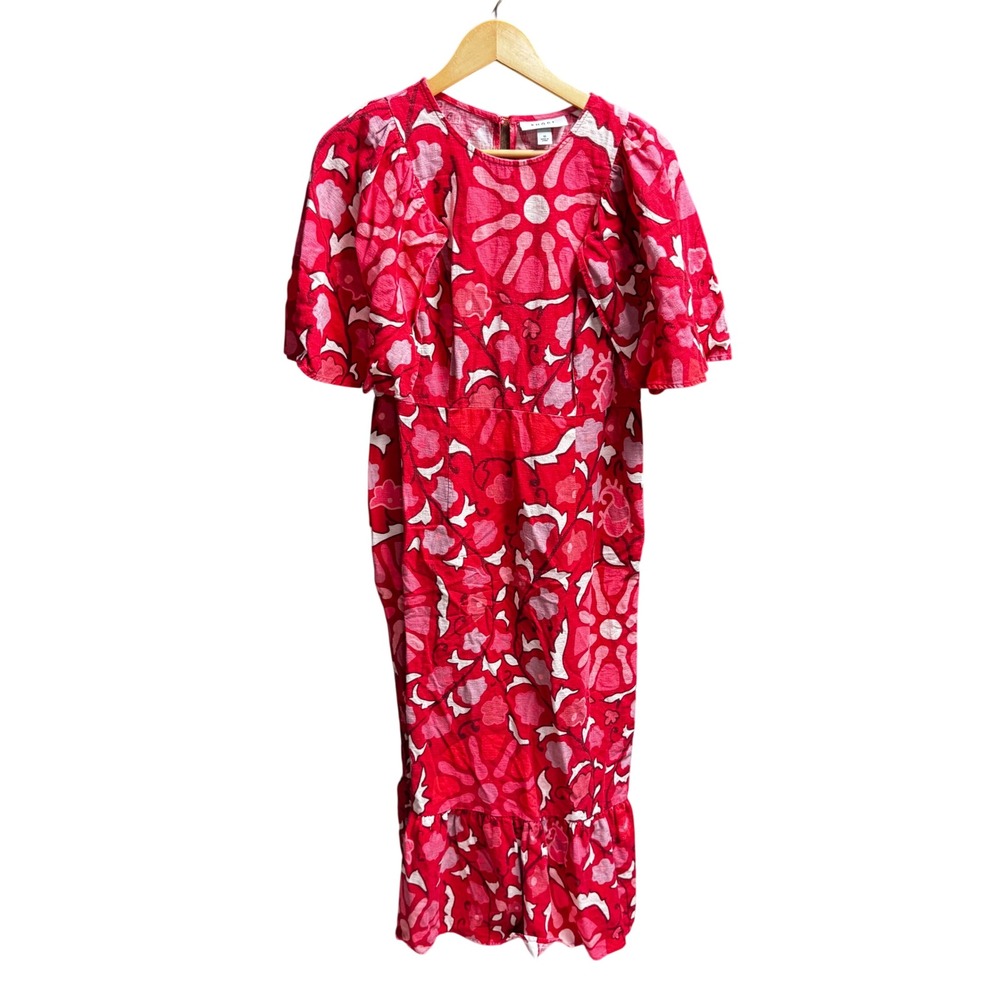 Rhode Women Red Pink Floral Flutter Sleeve Linen Blend Midi‎ Dress Size 10